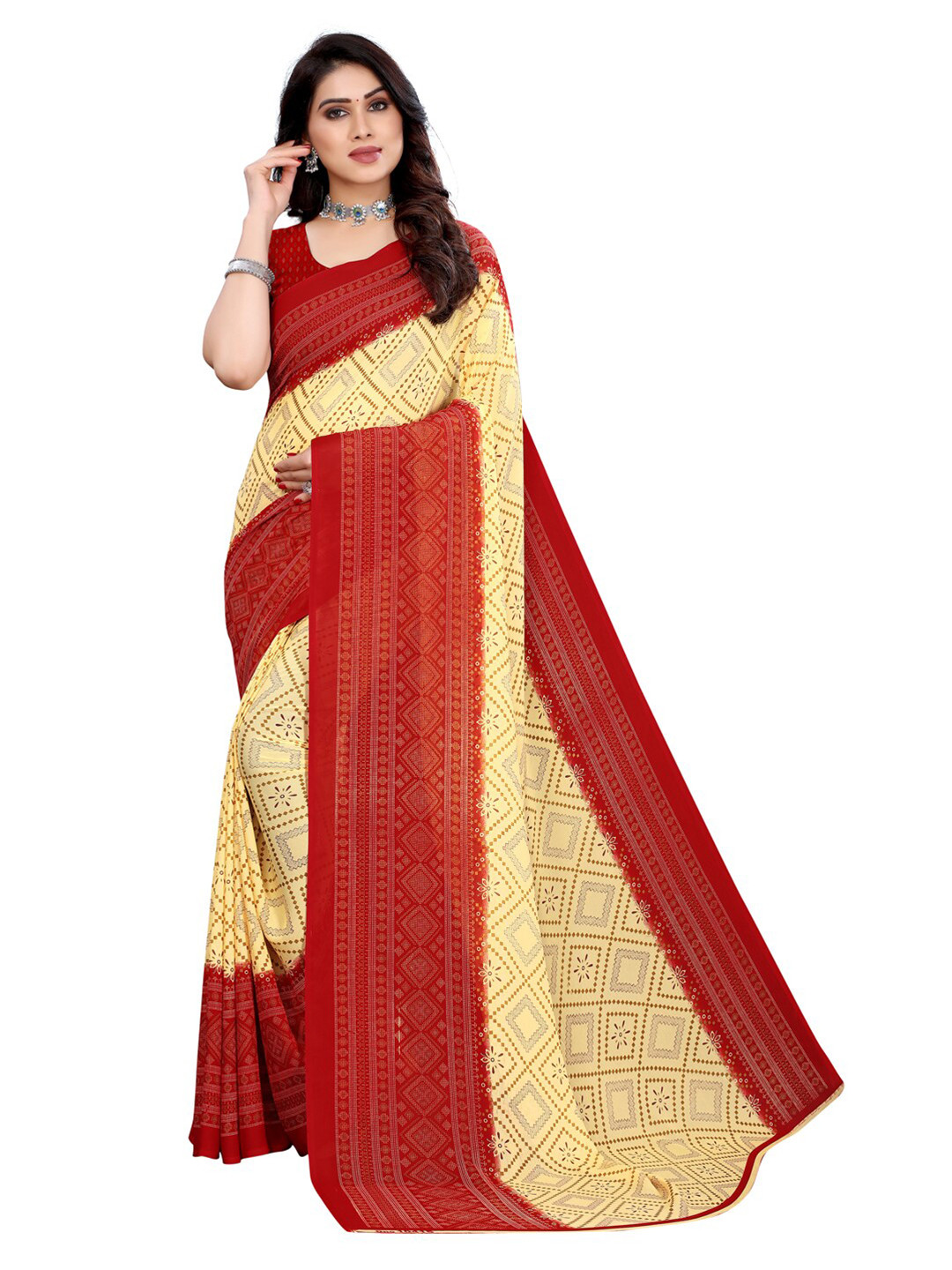 

KALINI Cream & Red Geometric Printed Pure Georgette Saree