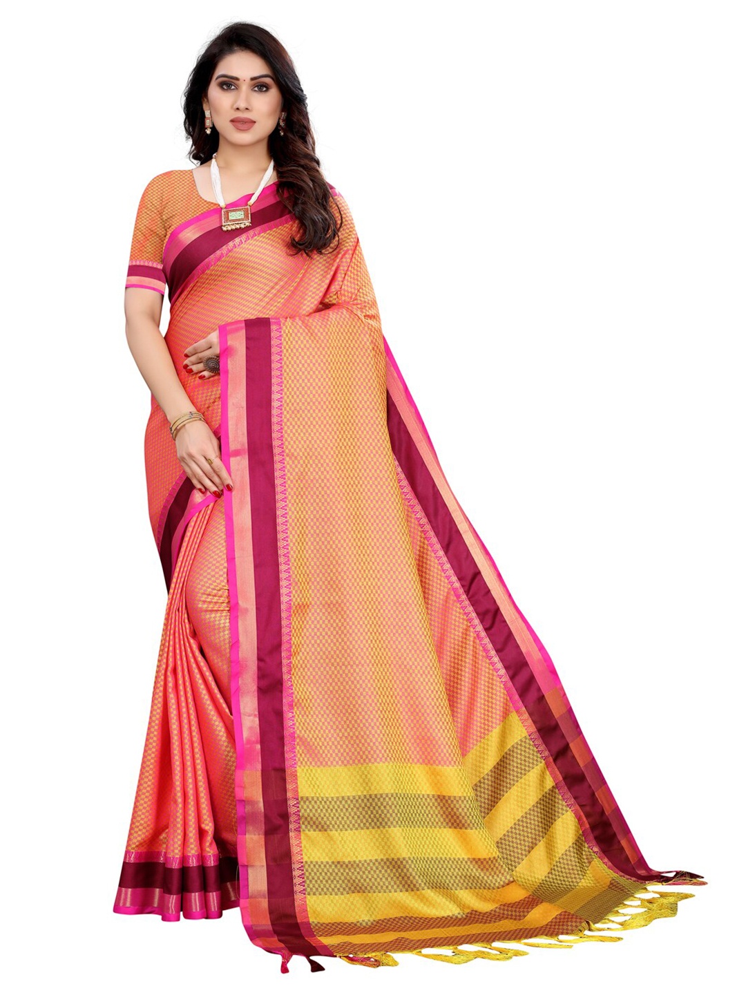 

KALINI Orange & Purple Checked Self Weave Dual-Tone Poly Cotton Saree