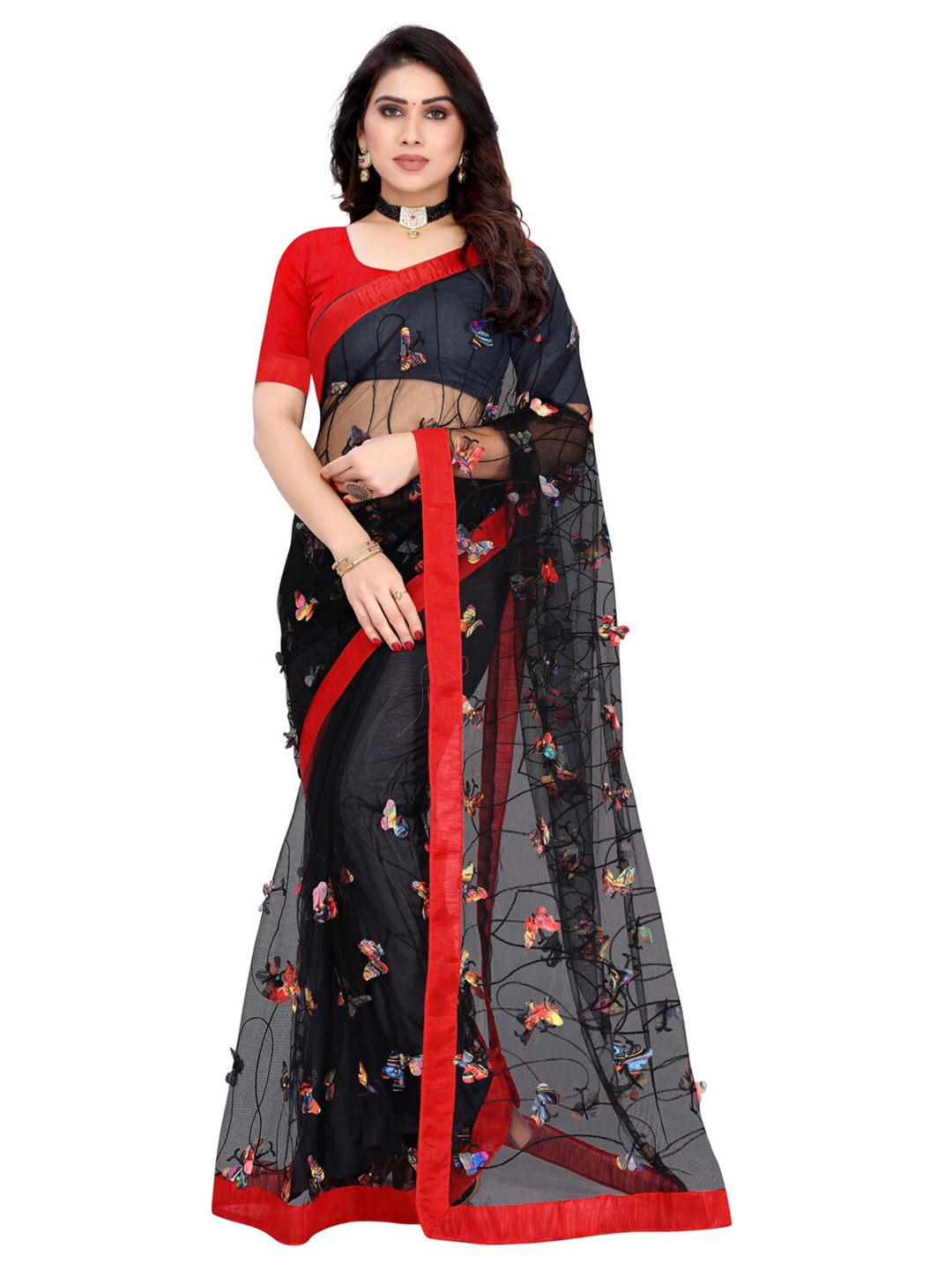 

KALINI Black & Red Abstract Satin Lace Butterfly Lacer Cut Embroidered Net Saree