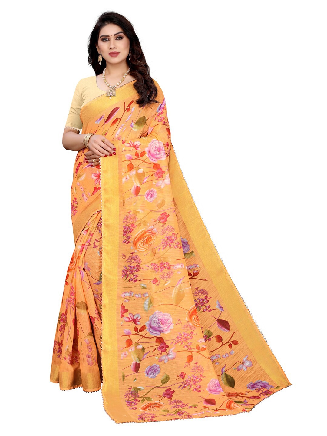 

KALINI Orange & Red Floral Saree with Gotta patti border