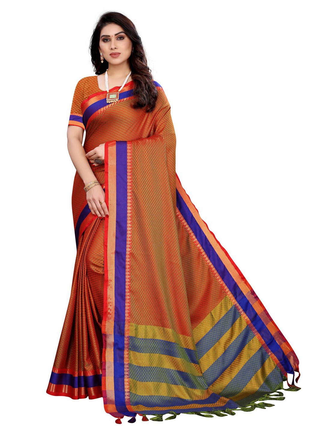 

KALINI Women Orange Tassels Self Weaving Dual Tone Poly Cotton Saree