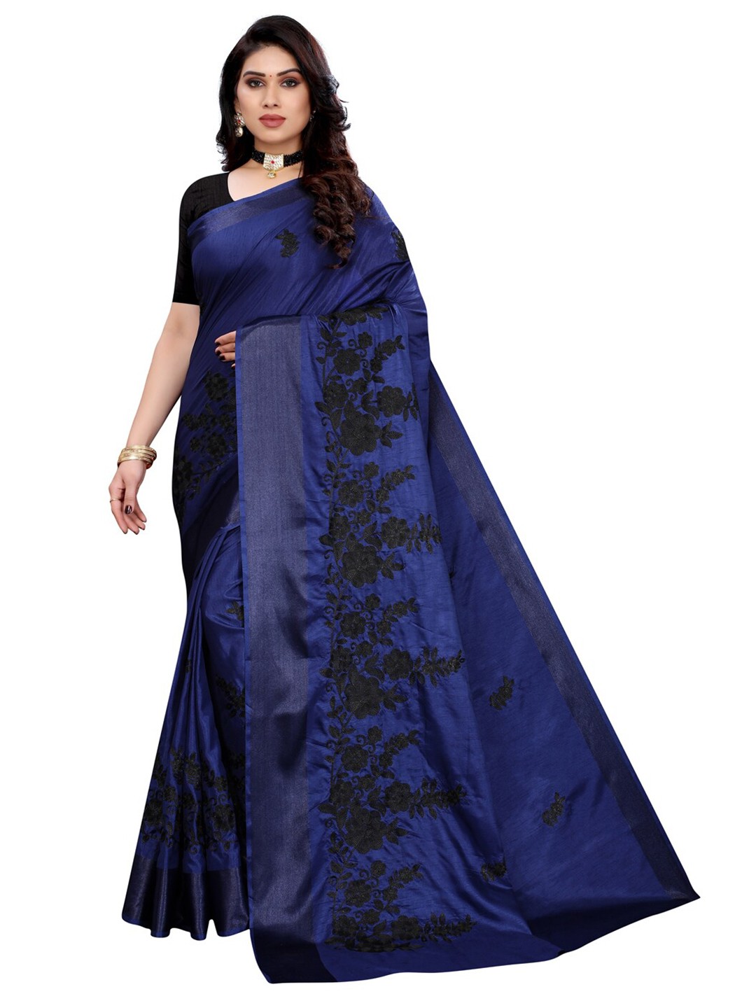 

KALINI Navy Blue & Black Floral Embroidered Saree