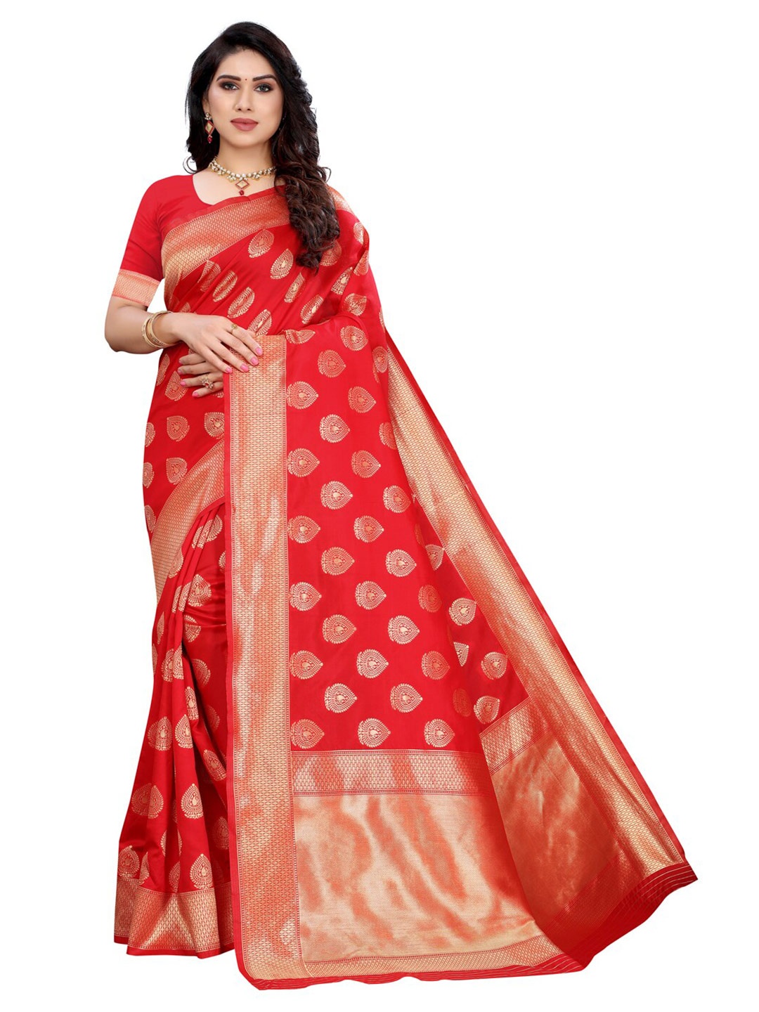 

KALINI Women Red & Gold-Toned Zari Banarasi Poly Silk Saree