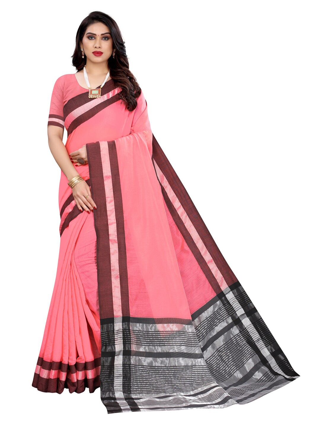 

KALINI Pink & Black Dyed Woven Border Poly Cotton Saree