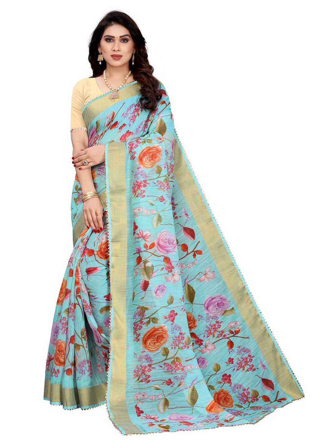 

KALINI Blue & Red Floral Printed Poly Cotton Gotta Patti Lace Saree