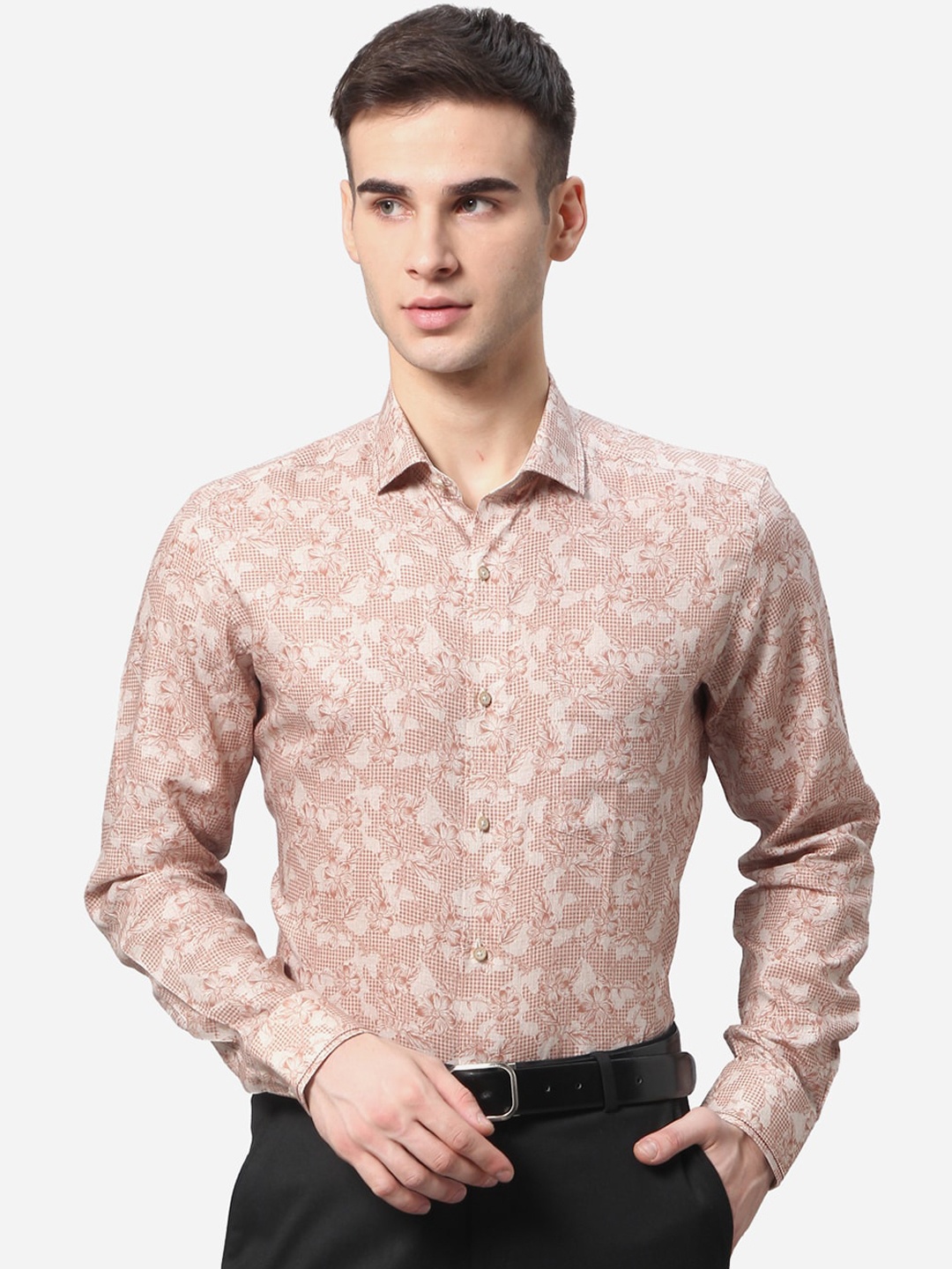 

JB STUDIO Men Beige Slim Fit Floral Printed Pure Cotton Formal Shirt