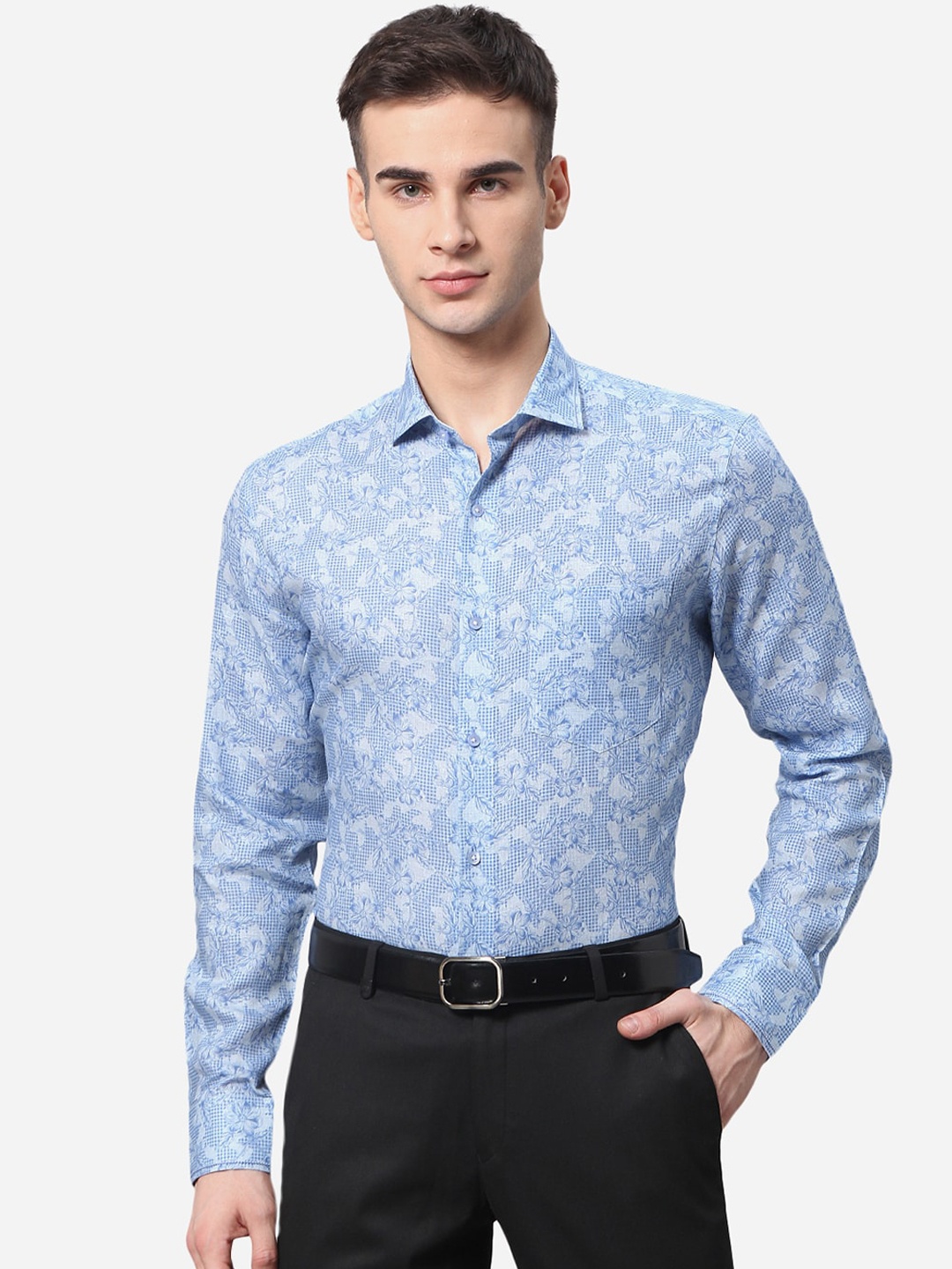 

JB STUDIO Men Turquoise Blue Slim Fit Floral Printed Pure Cotton Casual Shirt