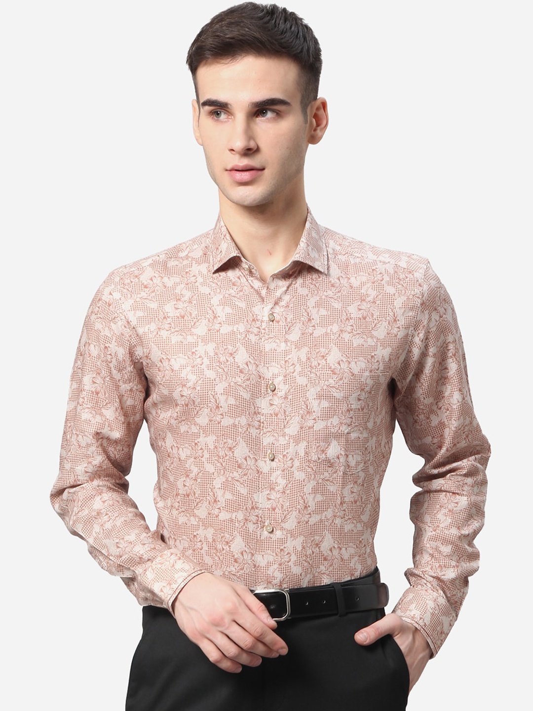 

JB STUDIO Men Beige Slim Fit Floral Printed Pure Cotton Formal Shirt