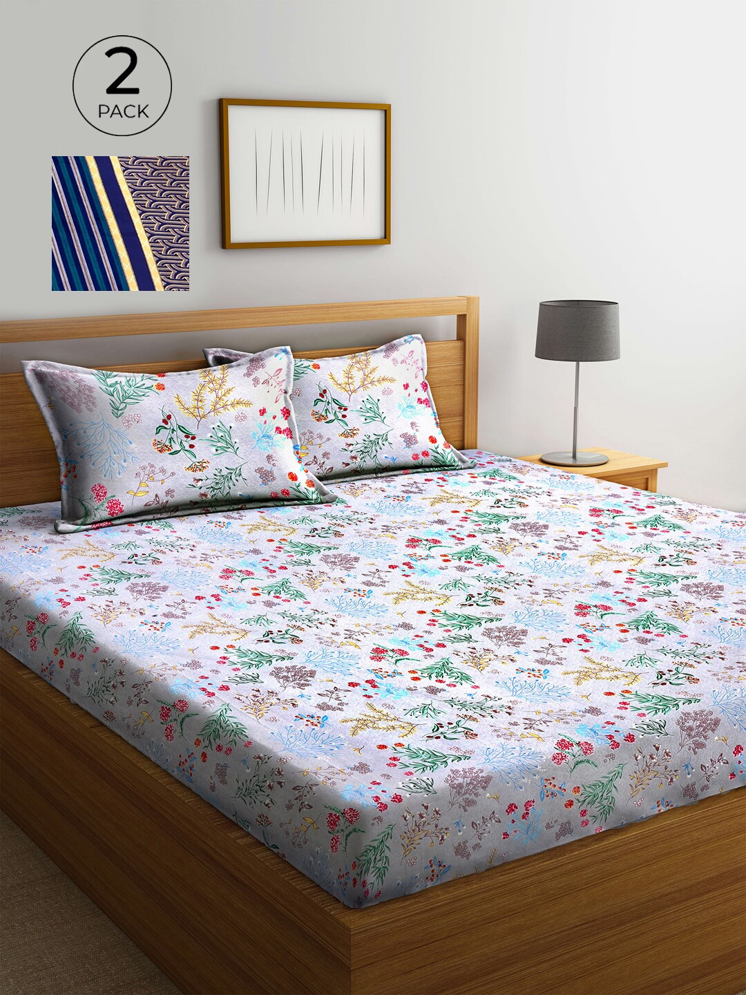

KLOTTHE Blue & Off White Floral 210 TC 2 King Bedsheet with 4 Pillow Covers