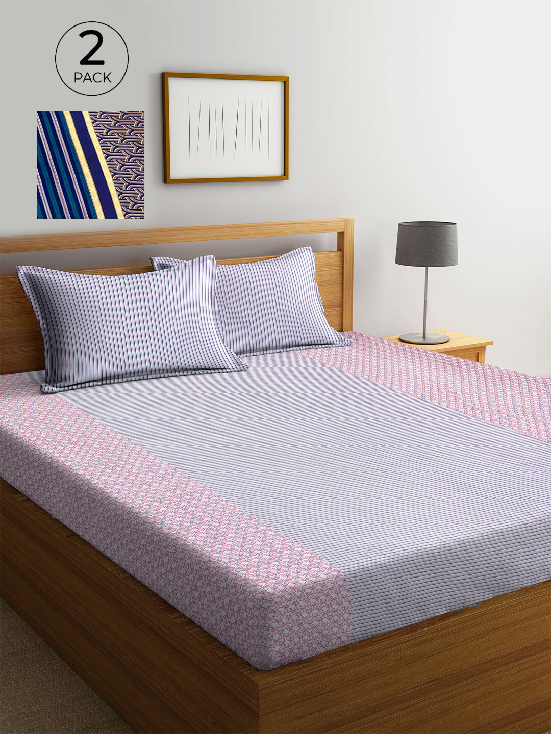 

KLOTTHE Navy Blue & Pink Geometric 210 TC 2 King Bedsheet with 4 Pillow Covers