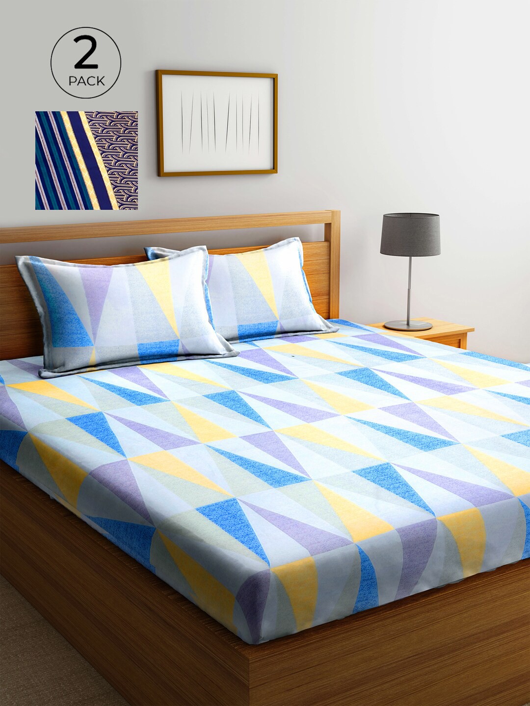 

KLOTTHE Blue & Yellow Geometric 210 TC 2 King Bedsheet with 4 Pillow Covers