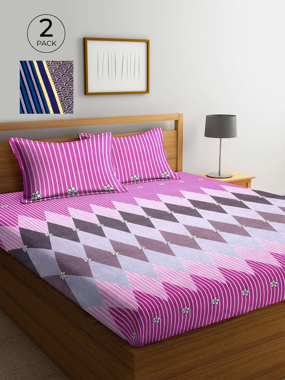 

KLOTTHE Blue & Pink Geometric 210 TC 2 King Bedsheet with 4 Pillow Covers