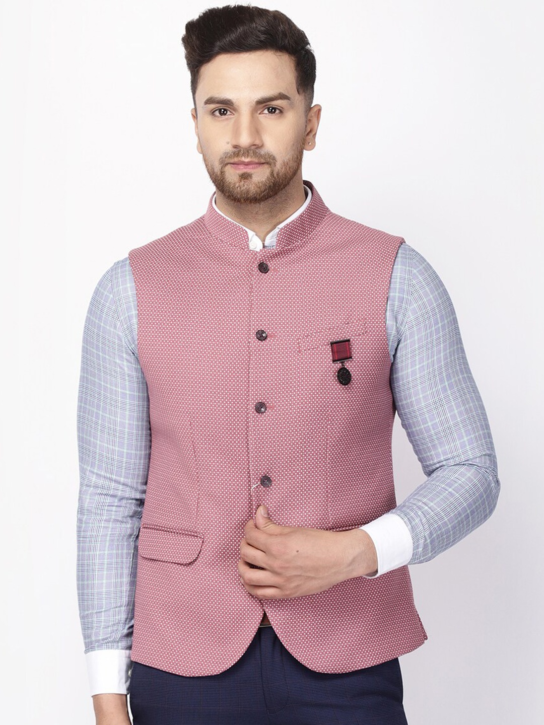 

Blackberrys Men Pink & White Printed Woven Nehru Jacket