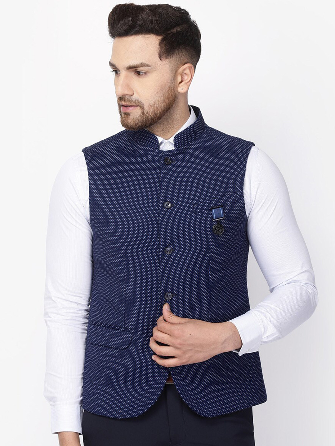 

Blackberrys Men Navy Blue Printed Slim-Fit Woven Nehru Jacket