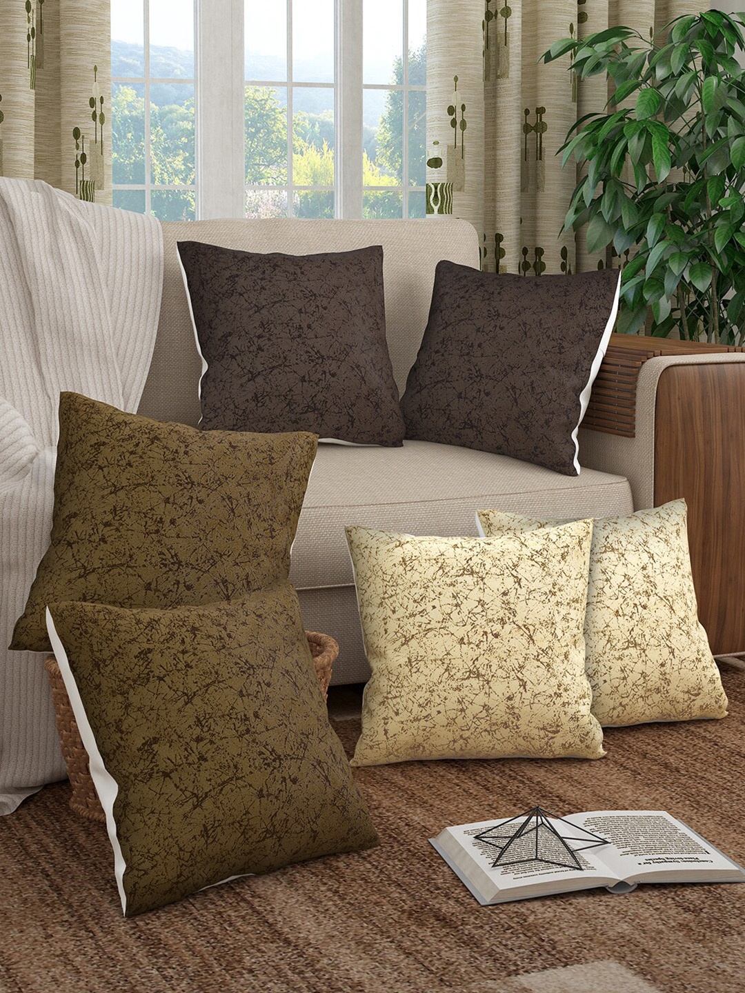 

Story@home Cream-Coloured & Brown Set of 6 Abstract Square Cushion Covers