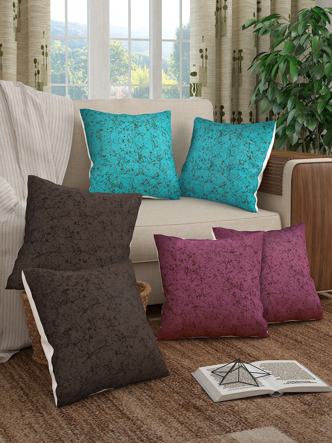 

Story@home Pink & Turquoise Blue Set of 6 Abstract Square Cushion Covers