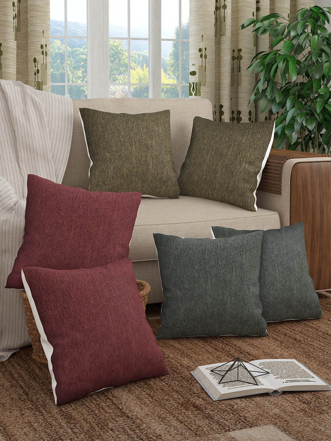 

Story@home Maroon & Grey Set of 6 Square Cushion Covers