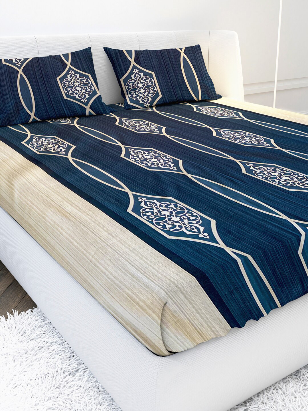 

MAYFAIR HOMES LONDON Navy Blue Geometric Cotton 210 TC King Bedsheet with 2 Pillow Covers