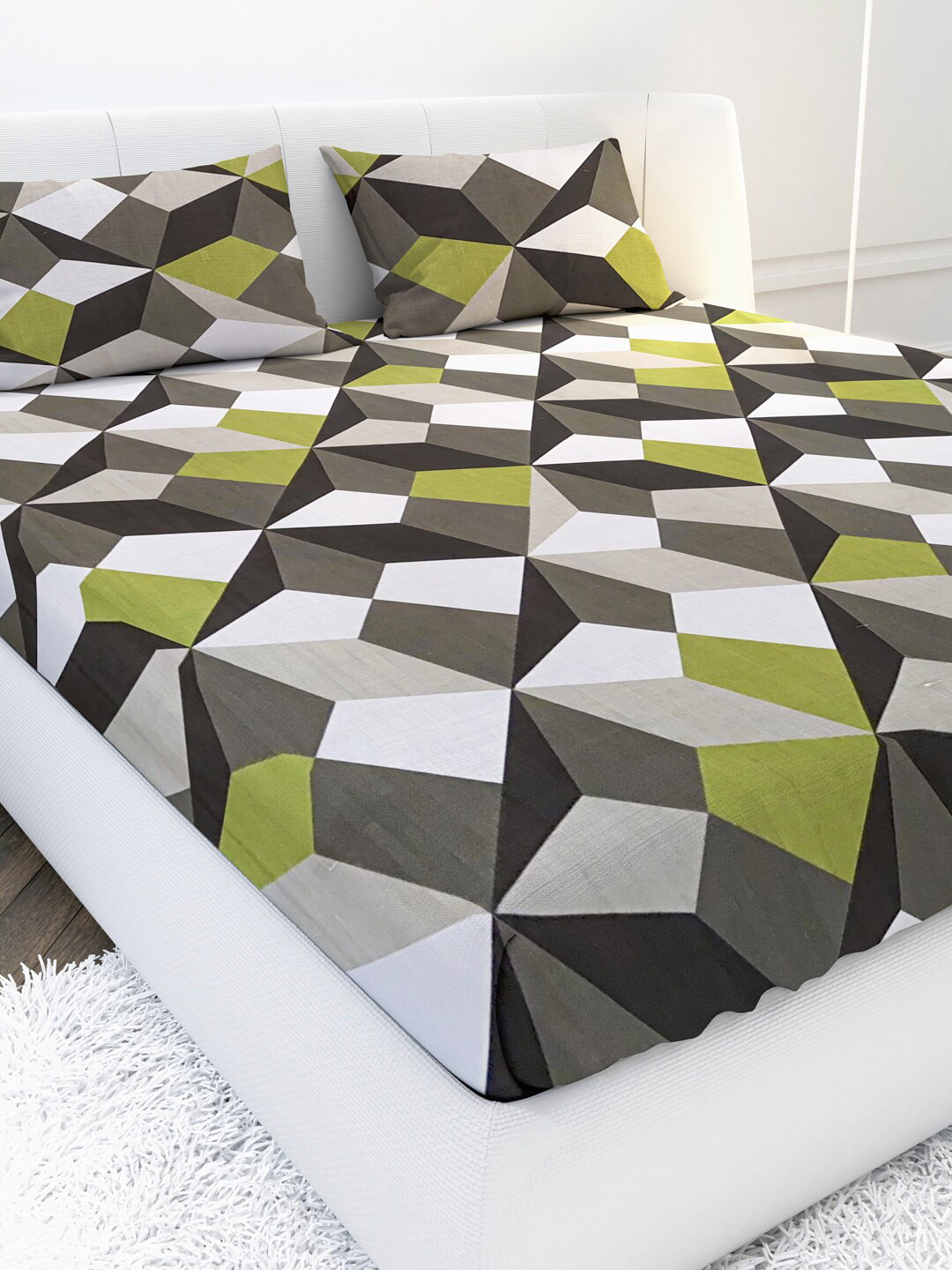 

MAYFAIR HOMES LONDON Grey & Green Geometric 144 TC King Bedsheet with 2 Pillow Covers