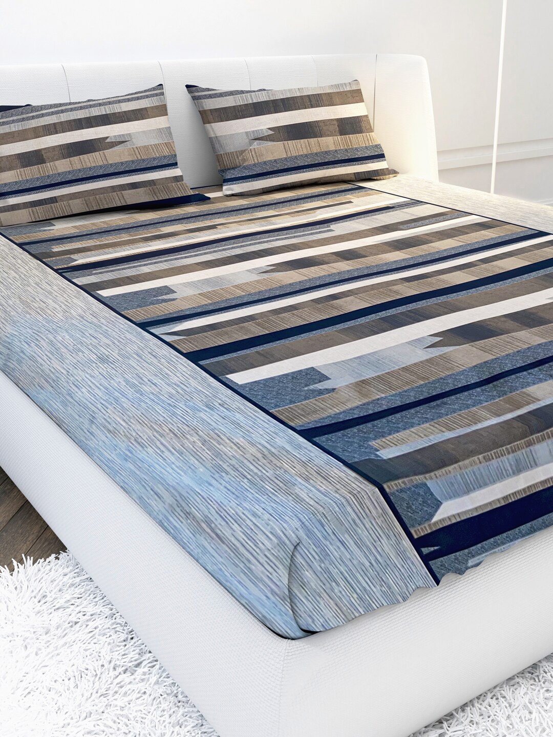 

MAYFAIR HOMES LONDON Blue & Brown Striped 144 TC Cotton King Bedsheet with 2 Pillow Covers