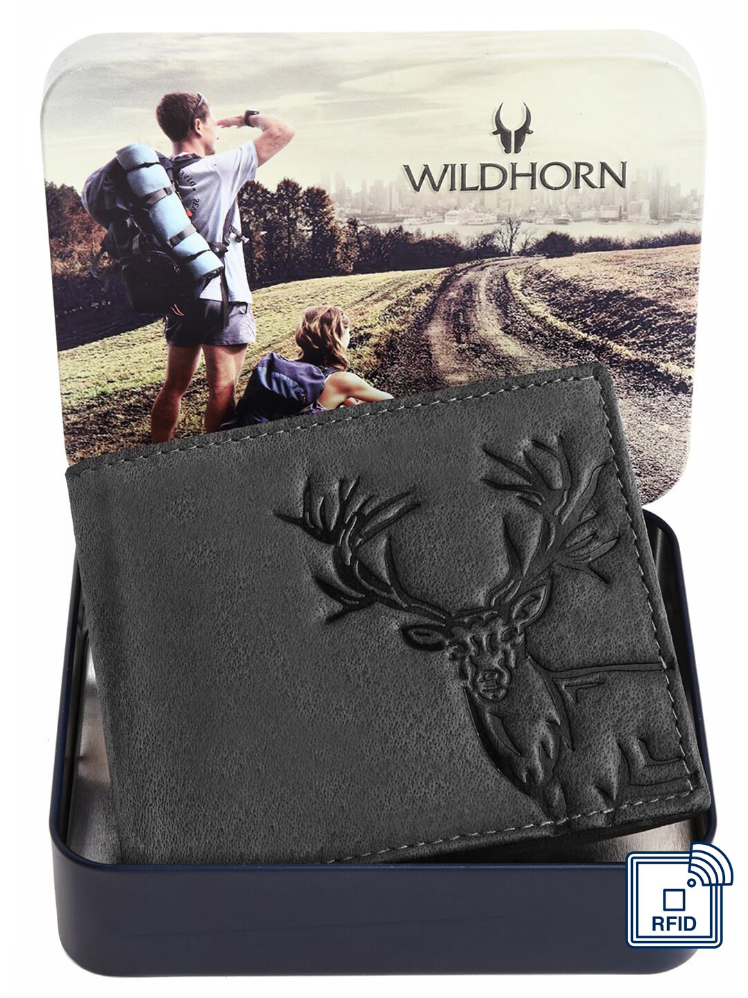 

WildHorn Men Grey Graphic Printed Leather Two Fold Wallet with RFID