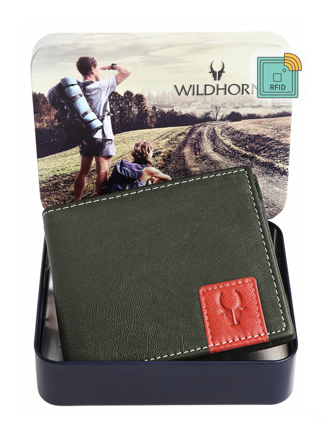 

WildHorn Men Green & Red Solid Leather Two Fold Wallet with RFID