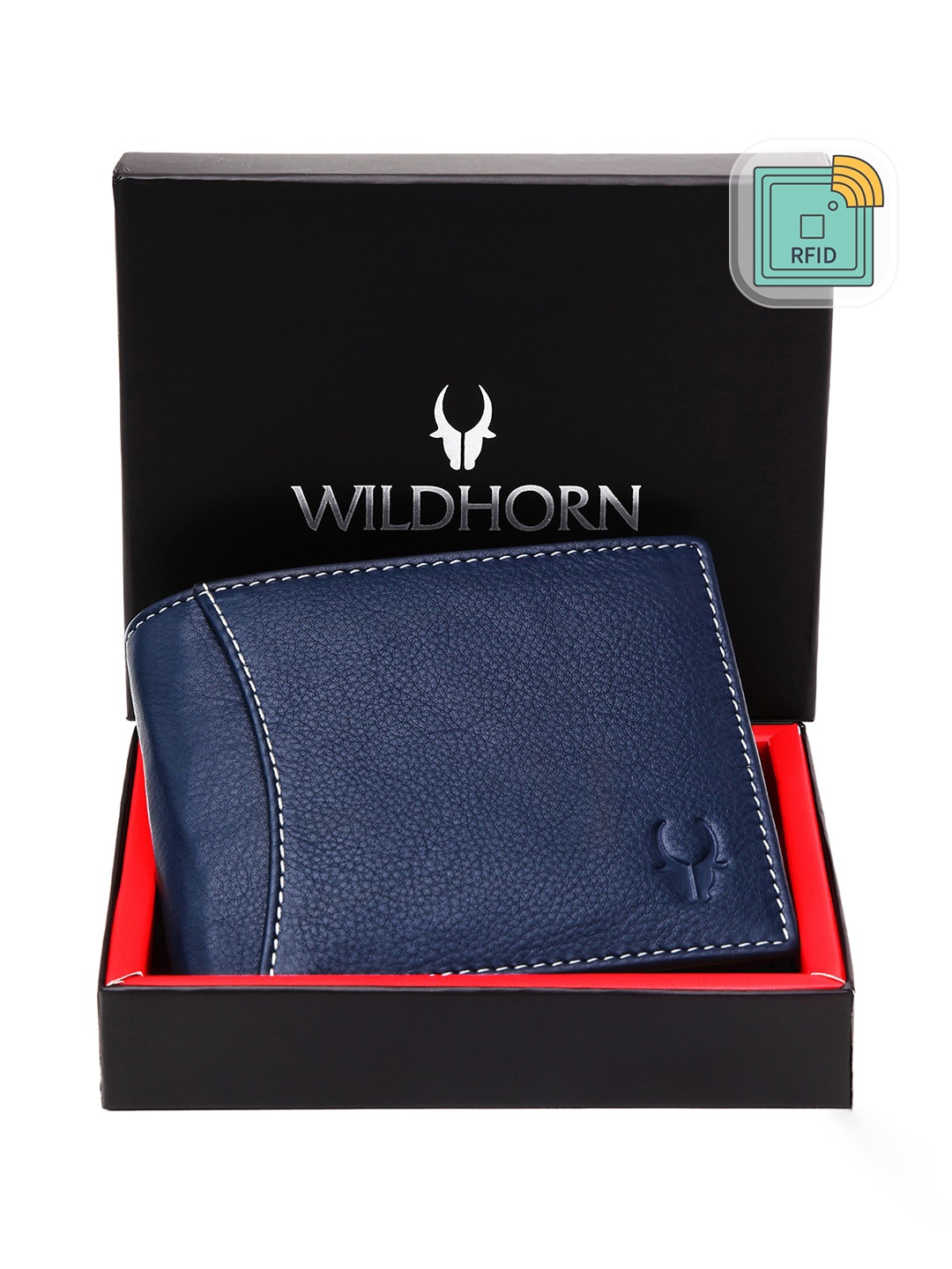 

WildHorn Men Blue Textured Leather Two Fold Wallet with RFID