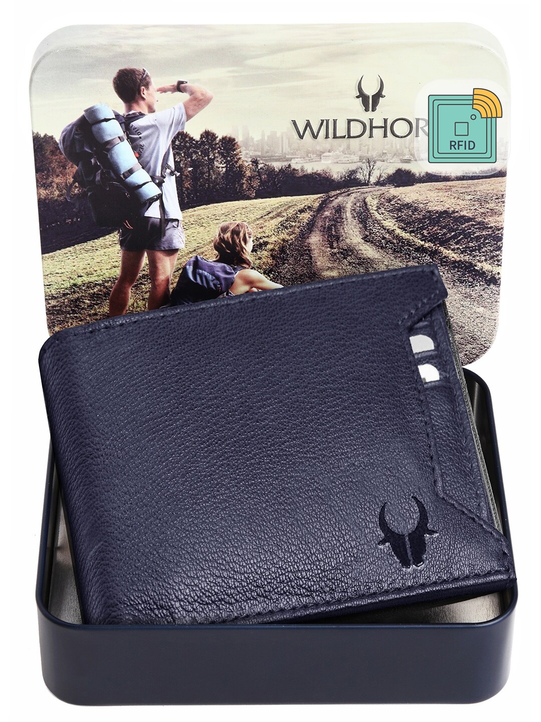 

WildHorn Men Blue Solid Leather Two Fold Wallet with RFID