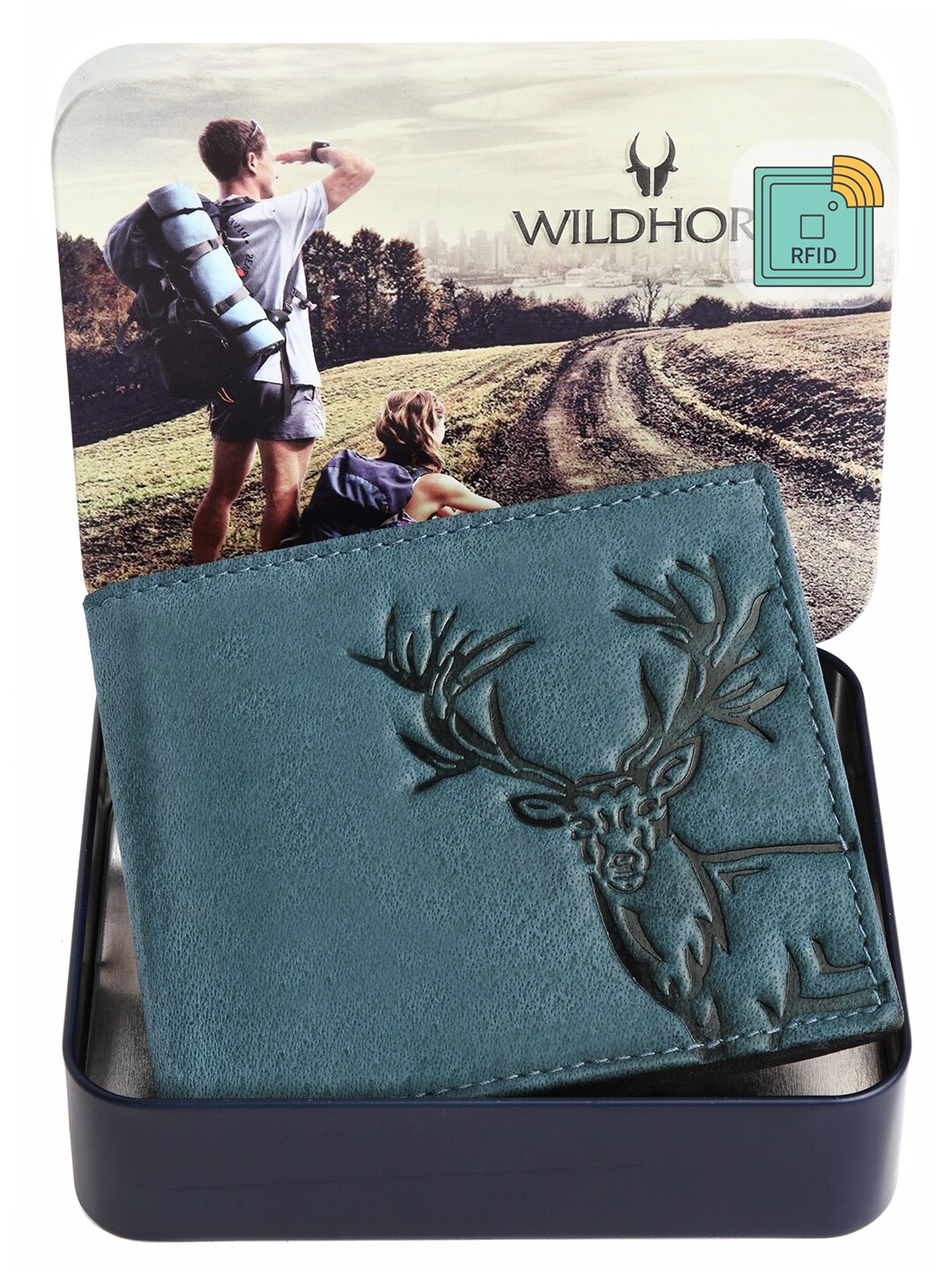 

WildHorn Men Blue & Black Textured RFID Leather Two Fold Wallet