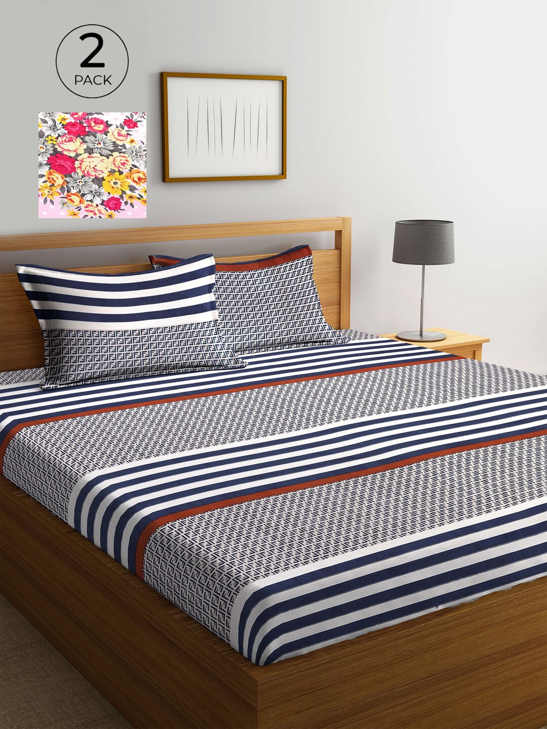 

KLOTTHE White & Navy Blue Floral 210 TC 2 King Bedsheet with 4 Pillow Covers