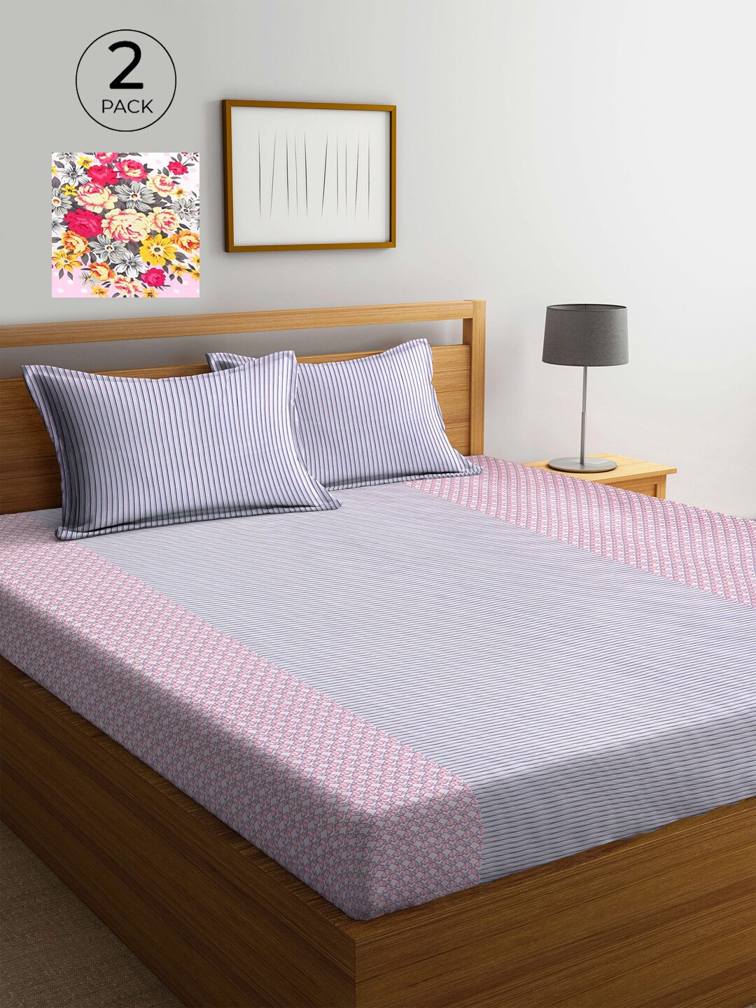 

KLOTTHE Pink & Grey Floral 210 TC 2 King Bedsheet with 4 Pillow Covers