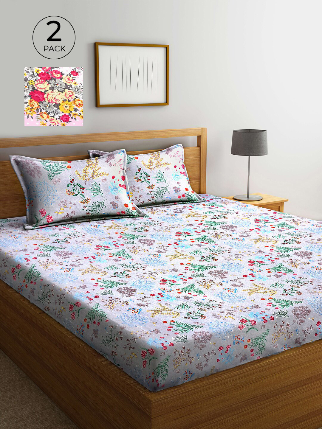 

KLOTTHE White & Grey Floral 210 TC 2 King Bedsheet with 4 Pillow Covers