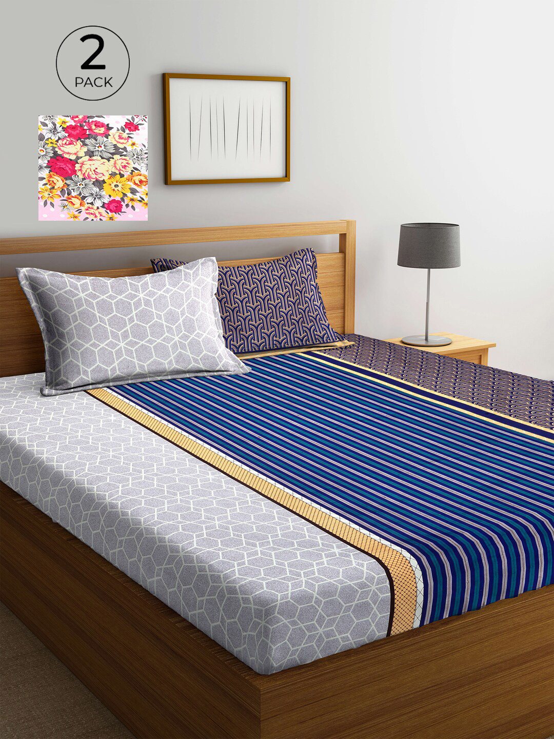 

KLOTTHE Blue & Pink Floral 210 TC 2 King Bedsheet with 4 Pillow Covers
