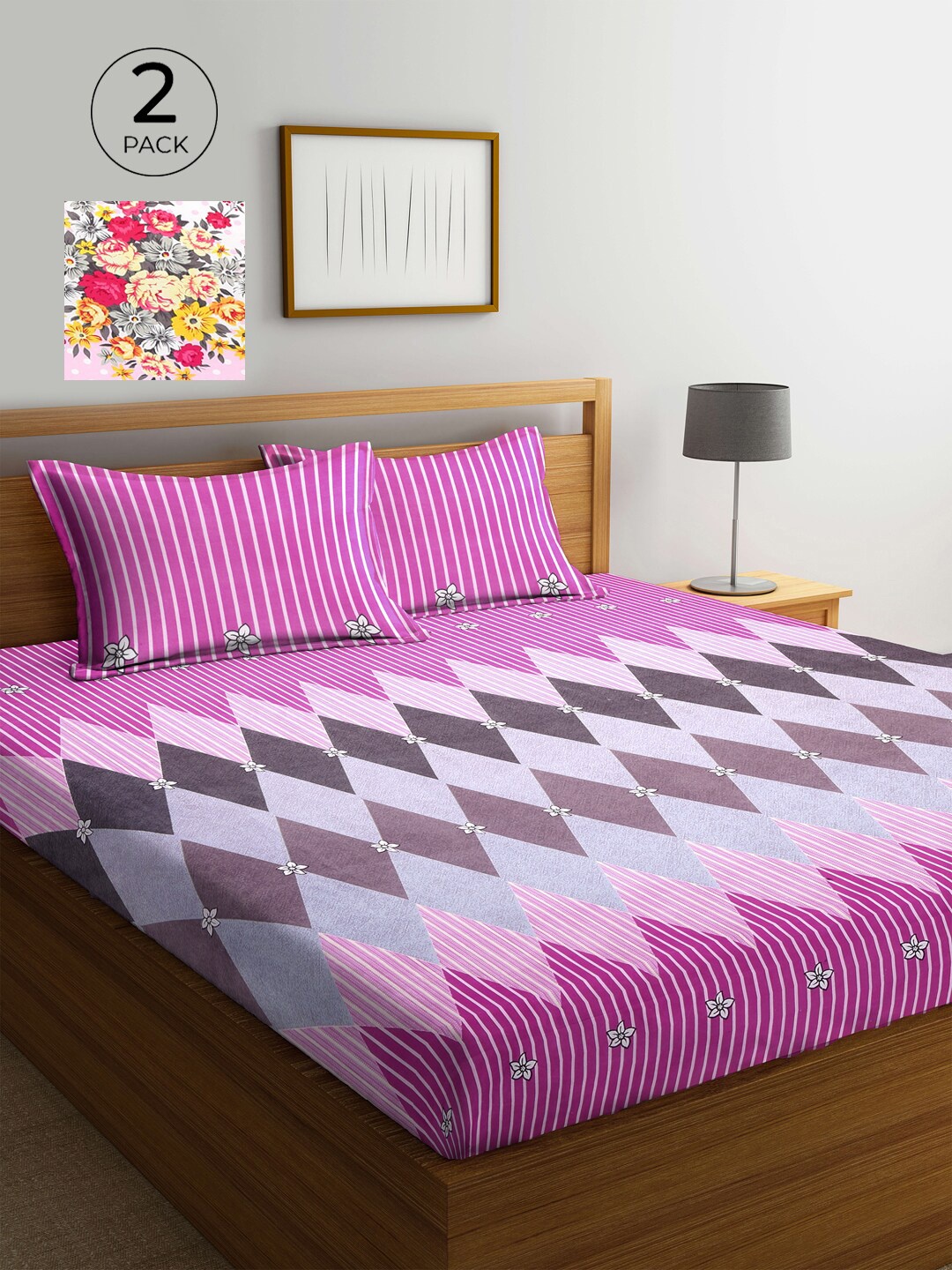 

KLOTTHE Pink & White Floral 210 TC 2 King Bedsheet with 4 Pillow Covers