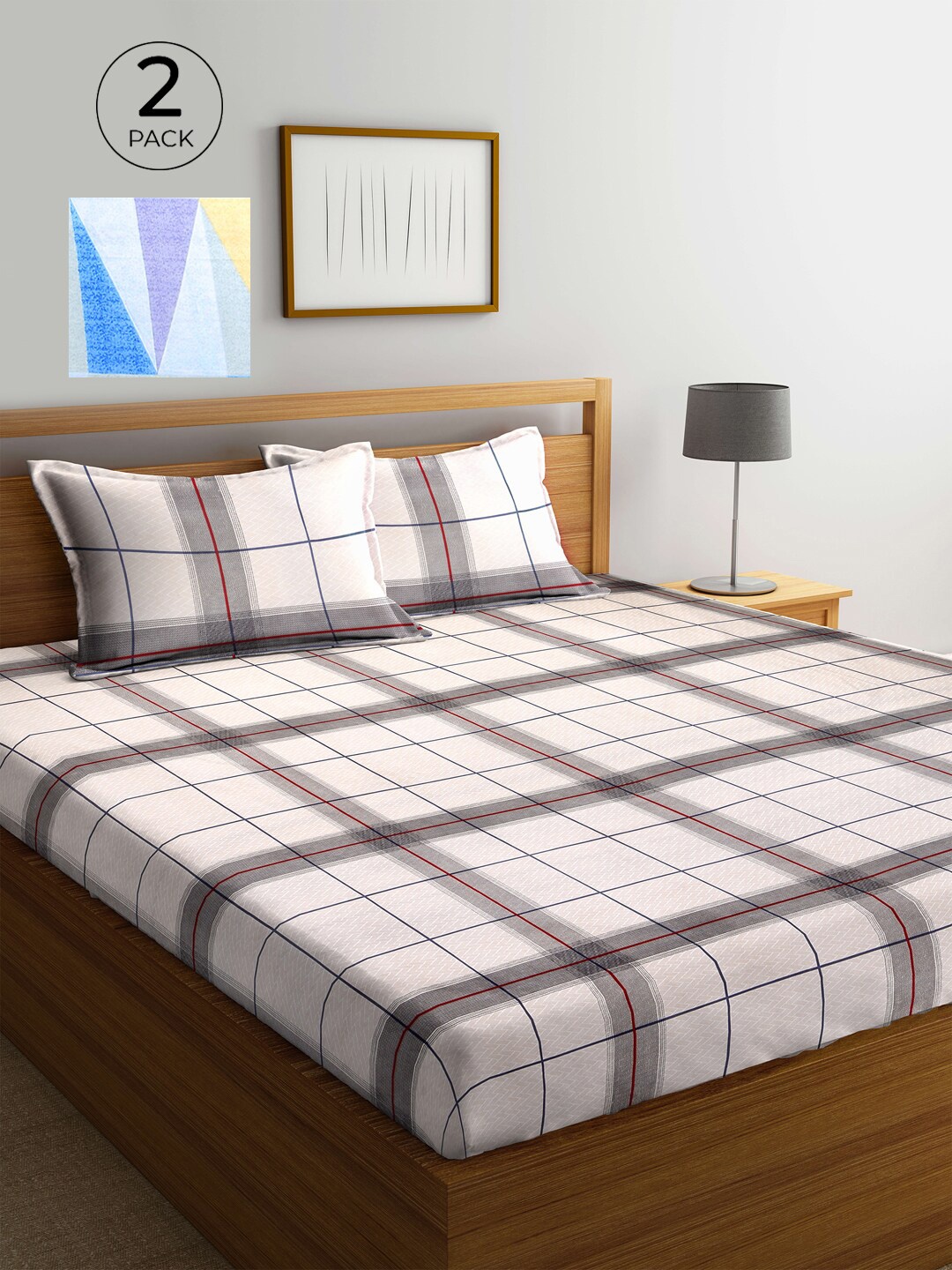 

KLOTTHE White & Grey Geometric 210 TC 2 King Bedsheet with 4 Pillow Covers