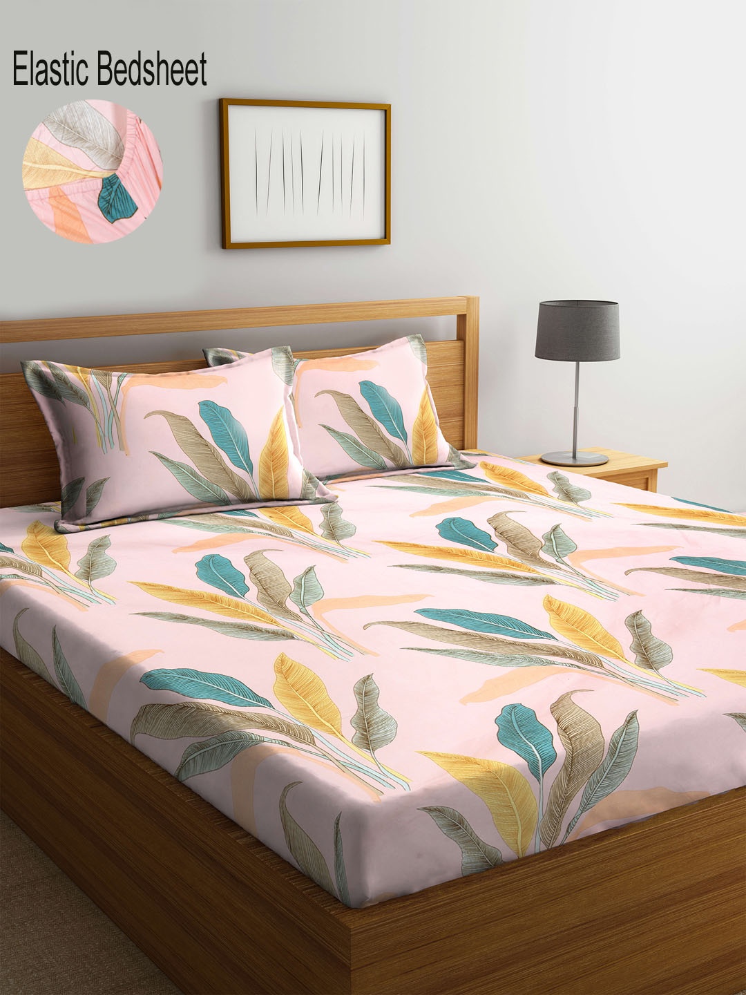 

KLOTTHE Pink & Blue Floral 300 TC Fitted Double Bedsheet with 2 Pillow Covers
