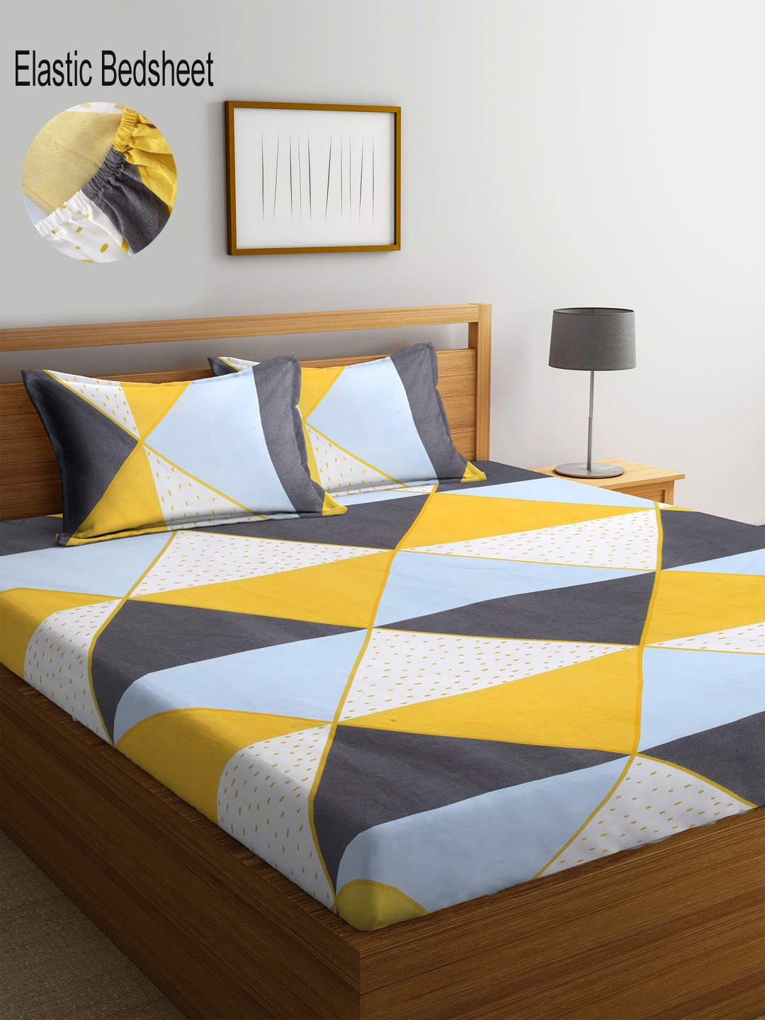 

KLOTTHE Grey & Yellow Geometric 300 TC Fitted Double Bedsheet with 2 Pillow Covers