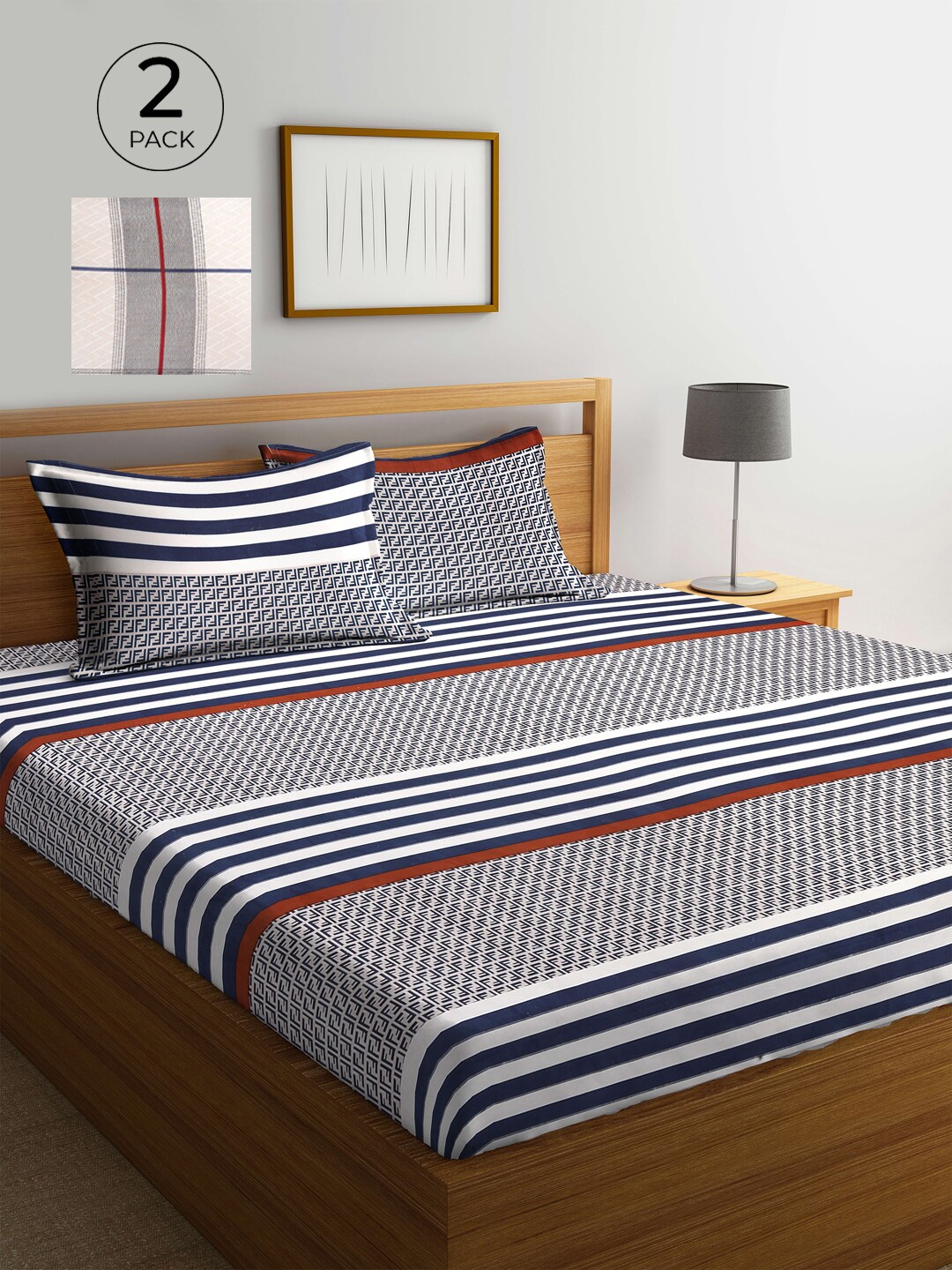 

KLOTTHE Navy Blue & White Striped 210 TC 2 King Bedsheet with 4 Pillow Covers