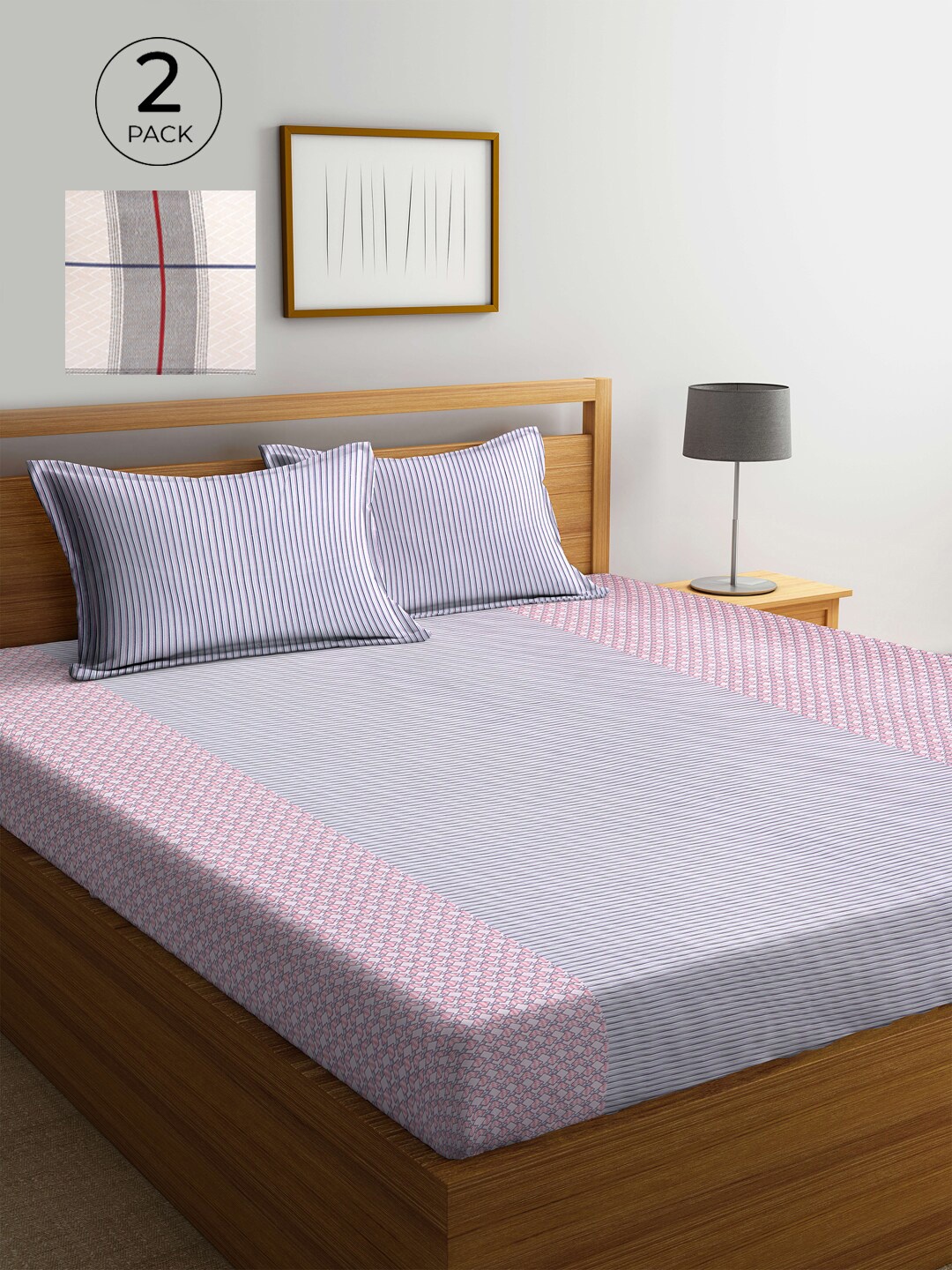 

KLOTTHE Grey & Pink Geometric 210 TC 2 King Bedsheet with 4 Pillow Covers