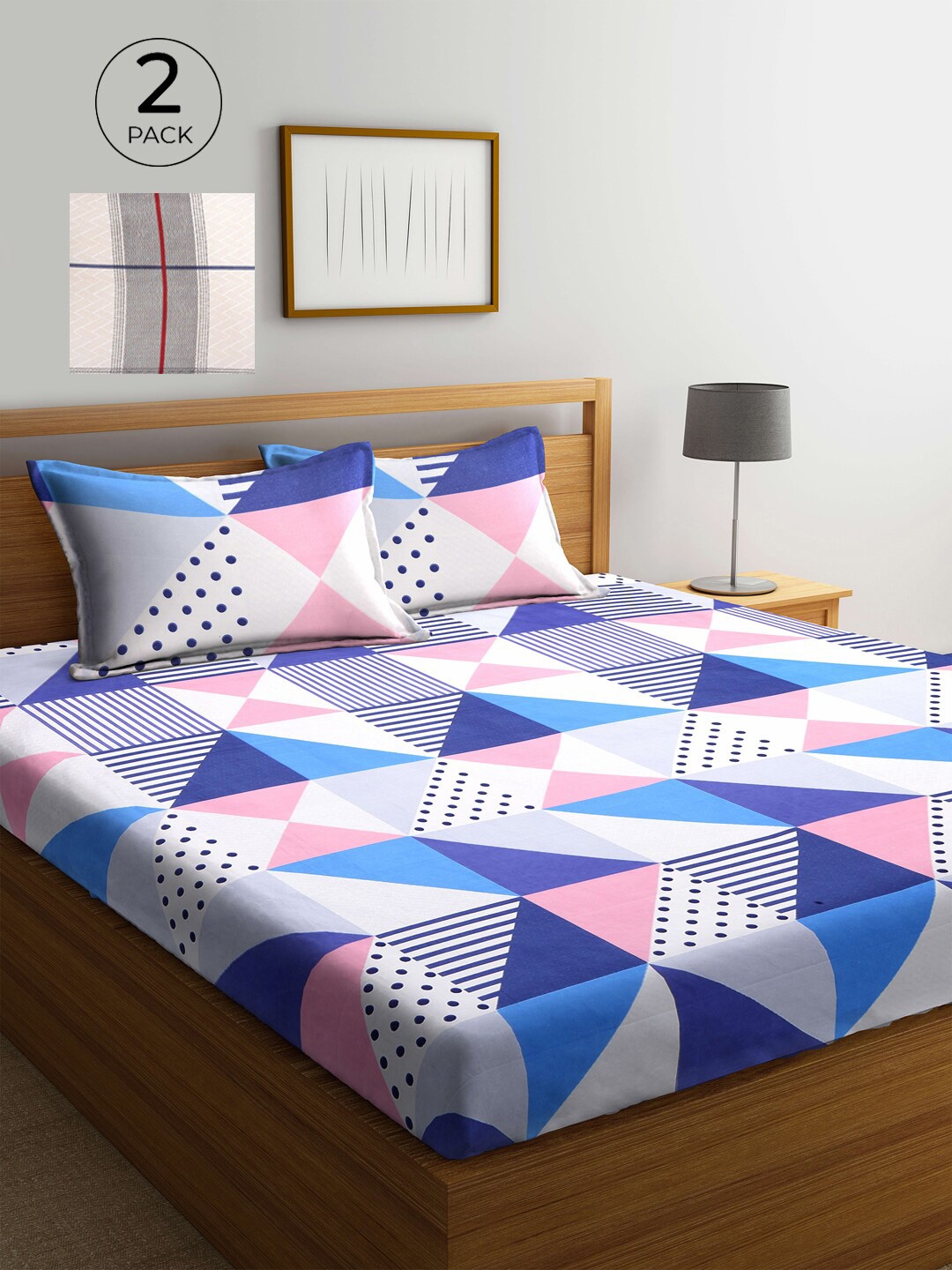 

KLOTTHE White & Grey Geometric 210 TC 2 King Bedsheet with 4 Pillow Covers