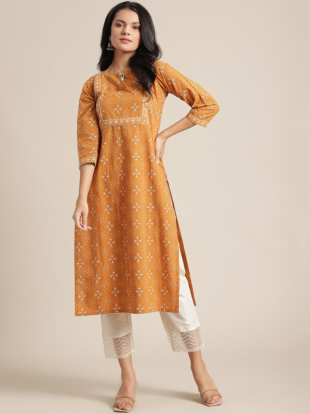 

Varanga Women Mustard Yellow Printed Kurta