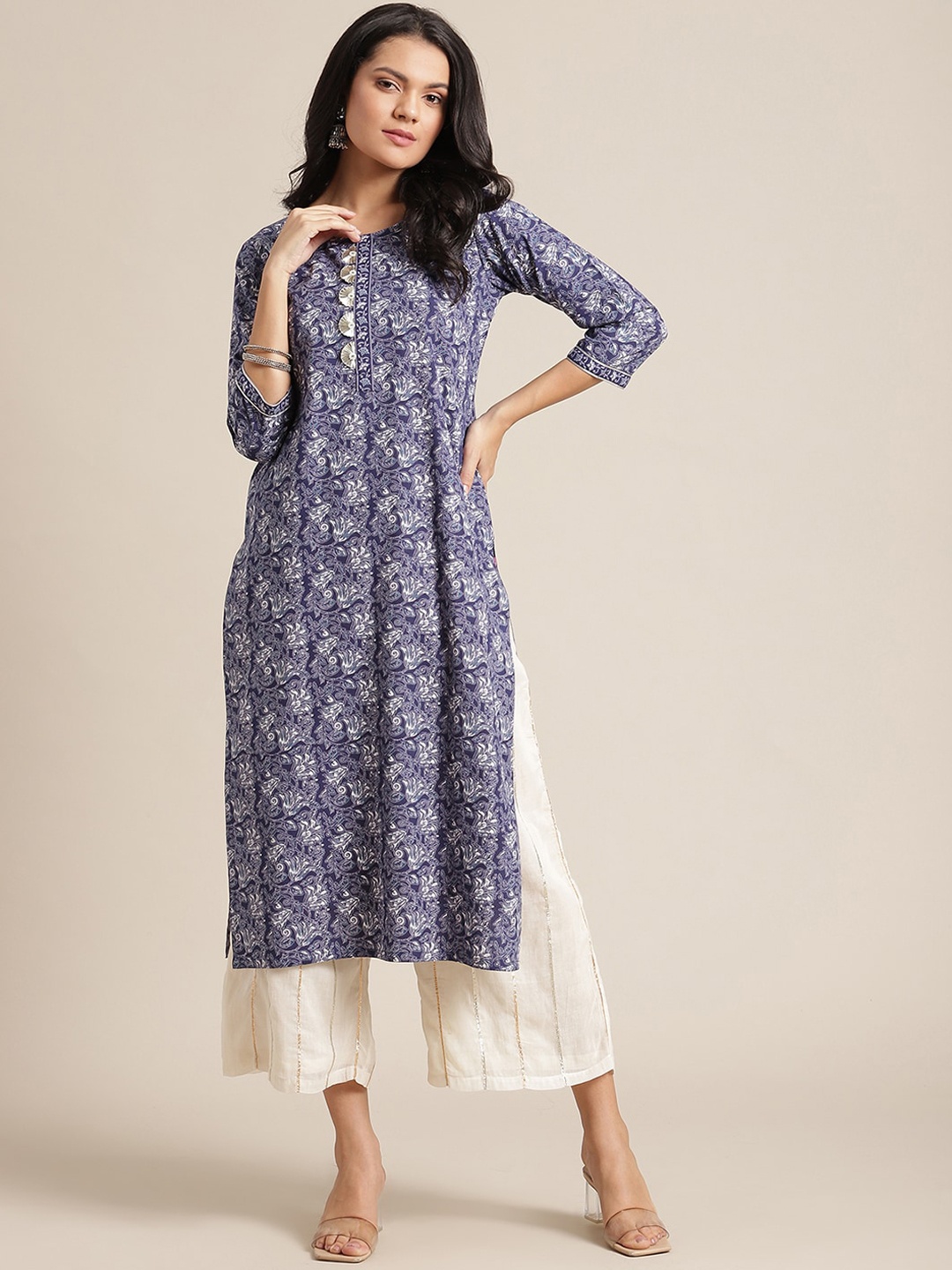 

Varanga Women Blue Ethnic Motifs Printed Thread Work Kurta
