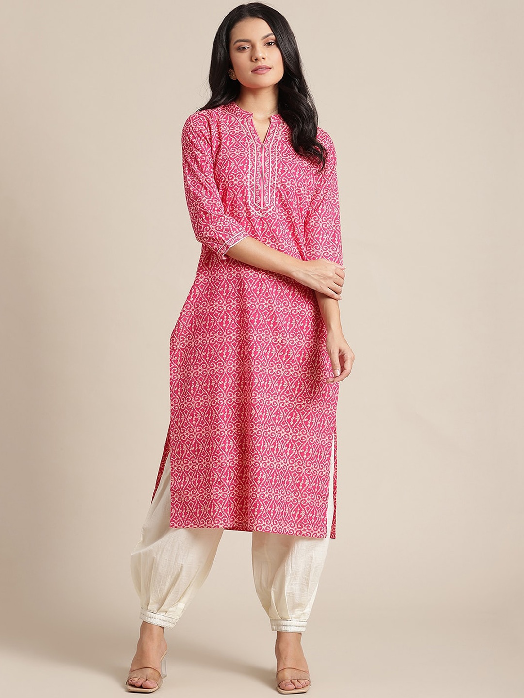 

Varanga Women Pink & White Ethnic Motifs Printed Gotta Patti Kurta