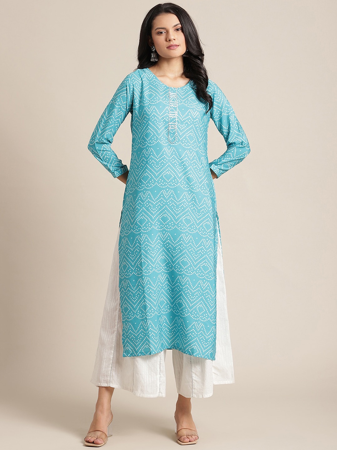 

Varanga Women Turquoise Blue and White Bandhani Printed Straight Kurta