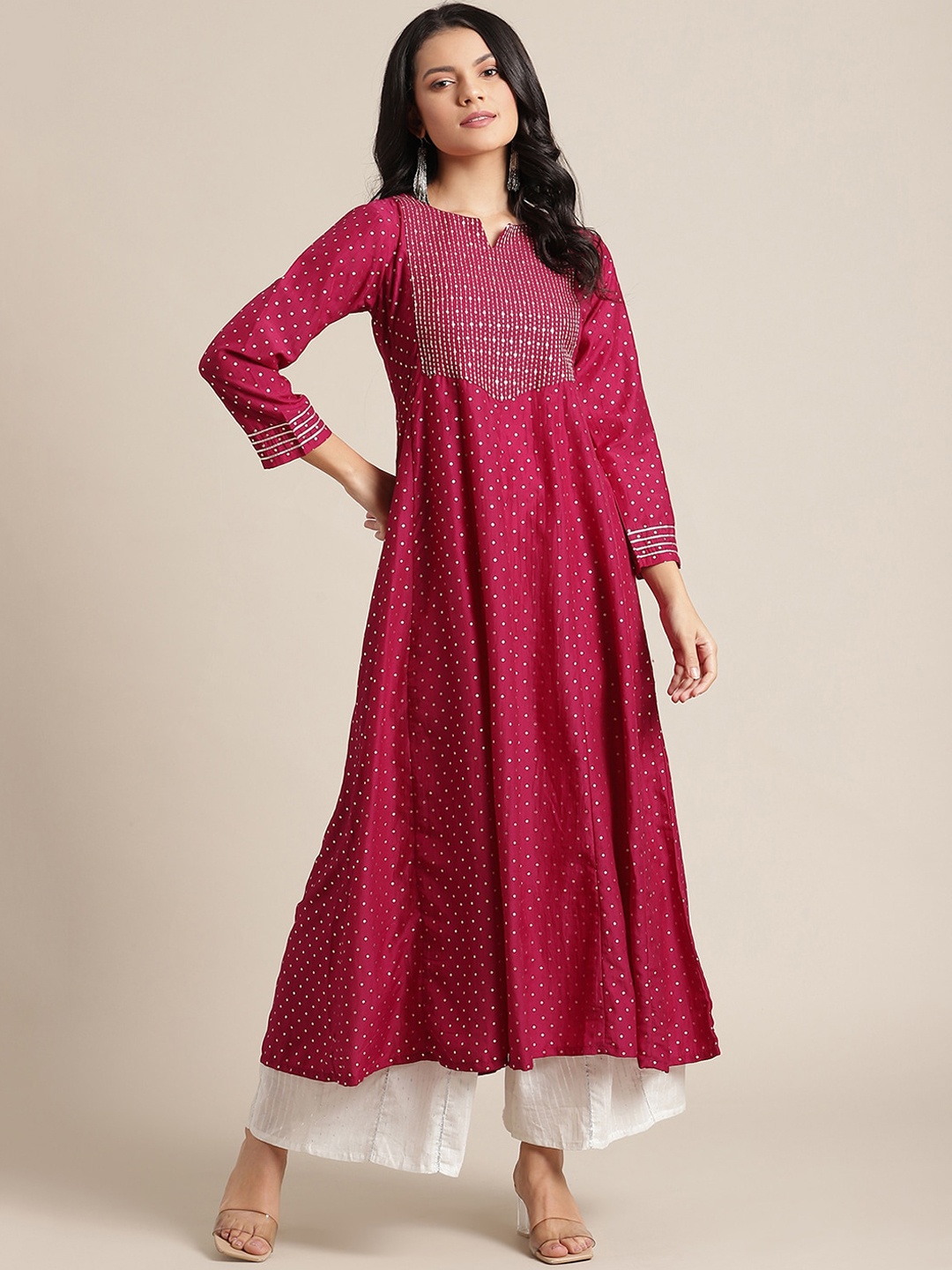 

Varanga Women Burgundy & Gold-Toned Ethnic Motifs Printed Thread Work Anarkali Kurta