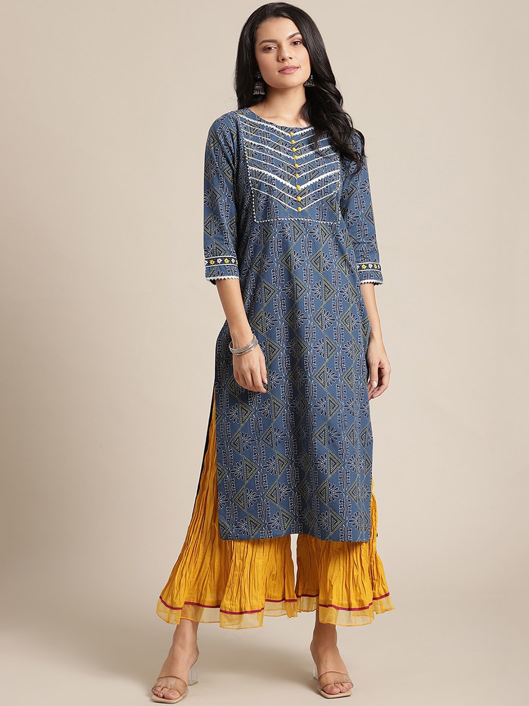 

Varanga Women Navy Blue Ethnic Motifs Printed Straight Kurta