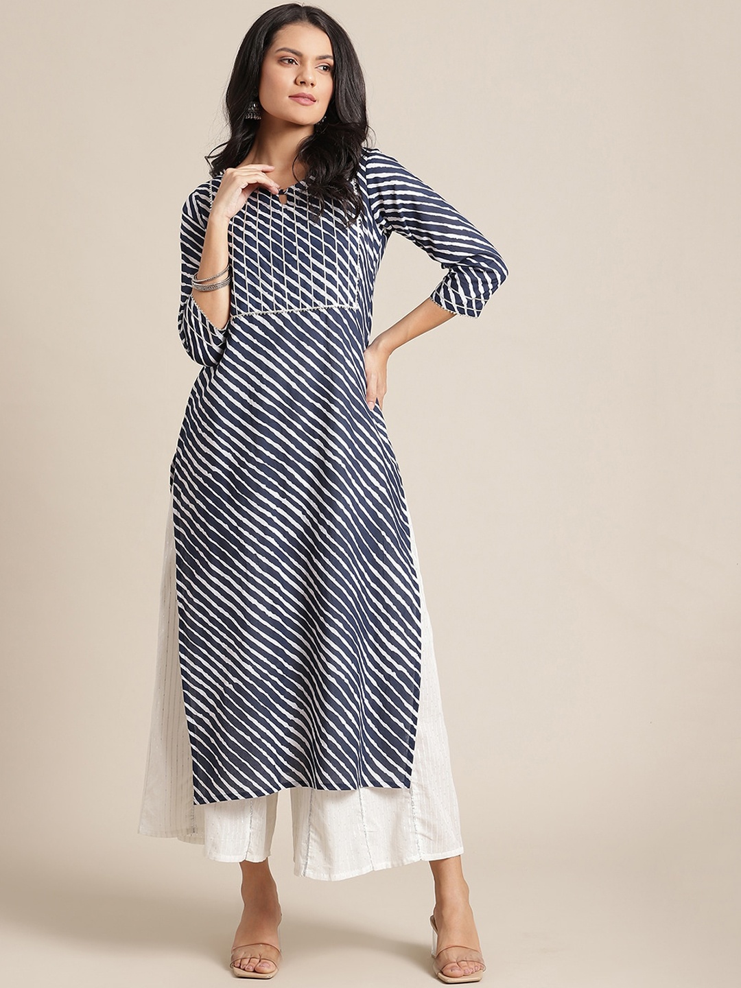 

Varanga Women Navy Blue & White Striped Kurta