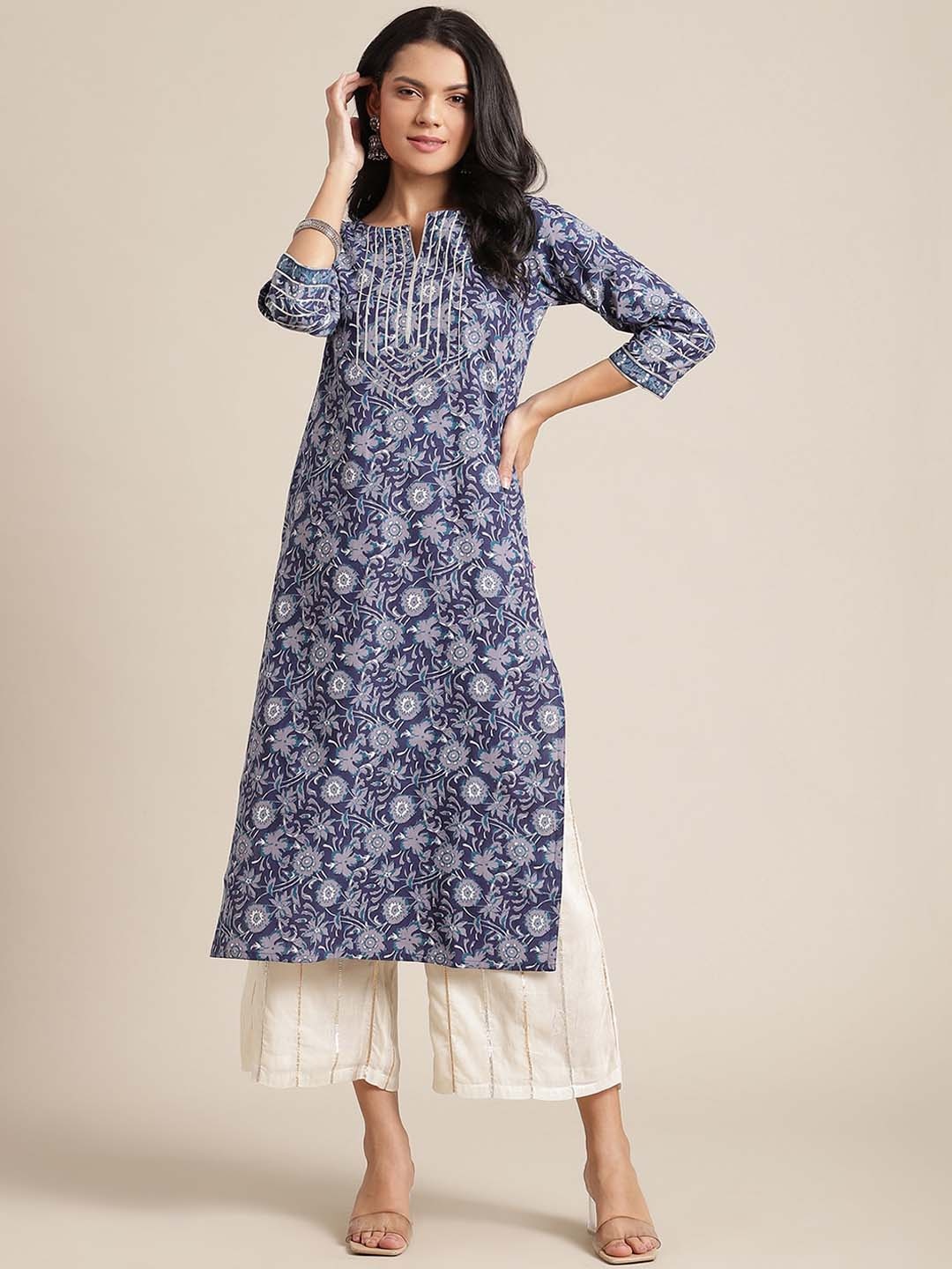 

Varanga Women Blue & White Ethnic Motifs Printed Gotta Patti Kurta