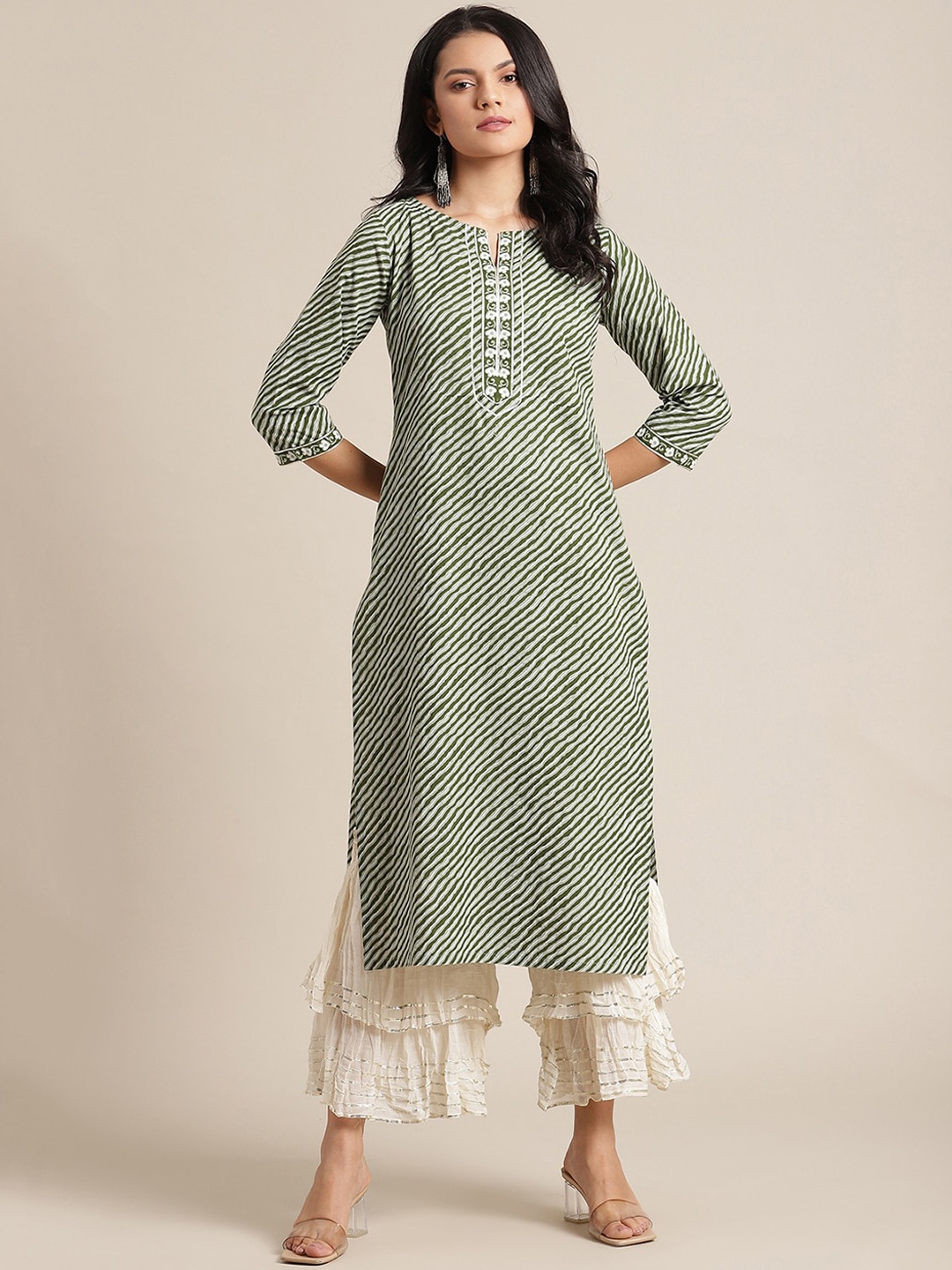 

Varanga Women Olive Green & White Striped Kurta