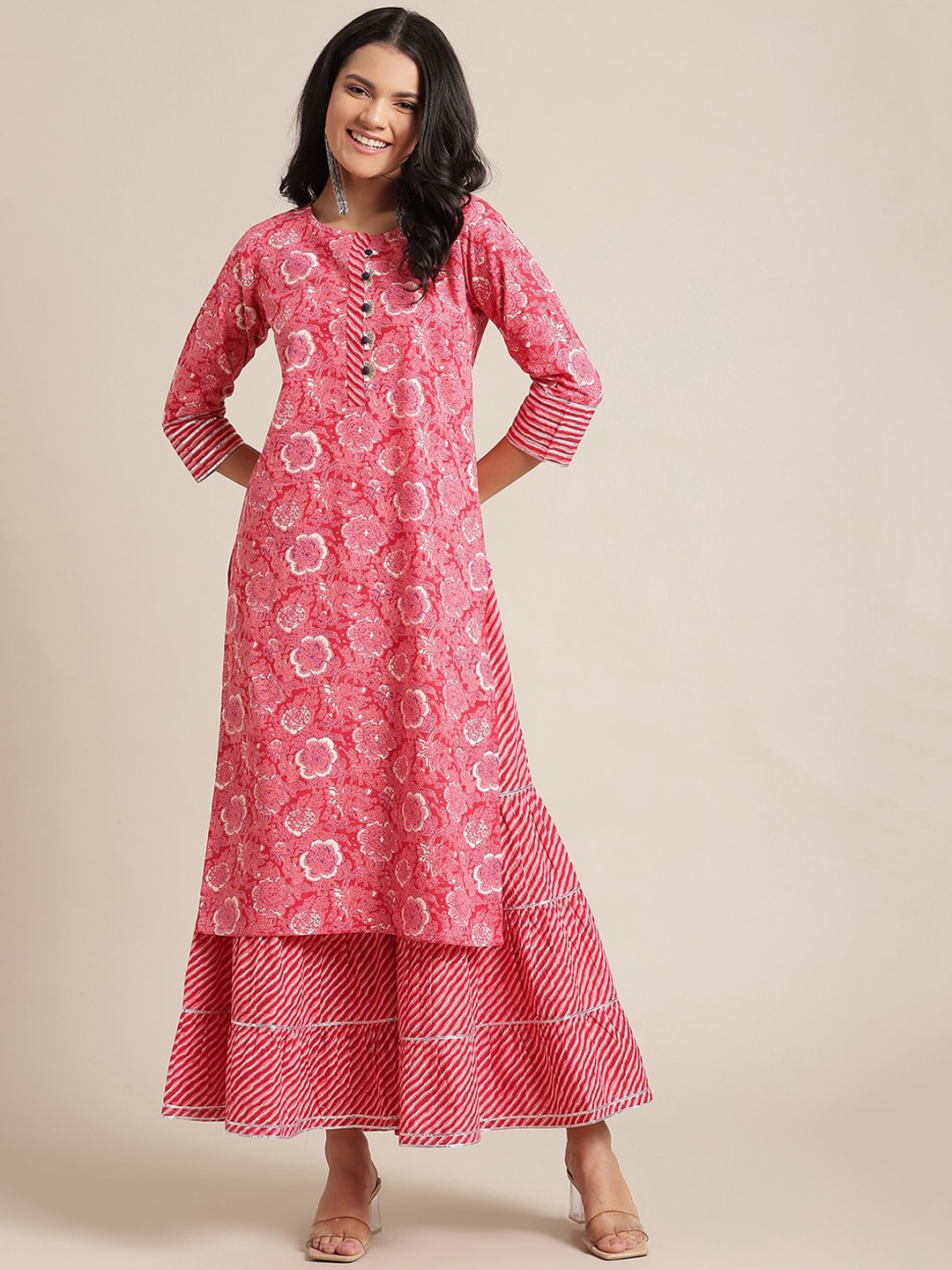 

Varanga Women Pink Ethnic Motifs Printed Panelled Kurta With Skirt